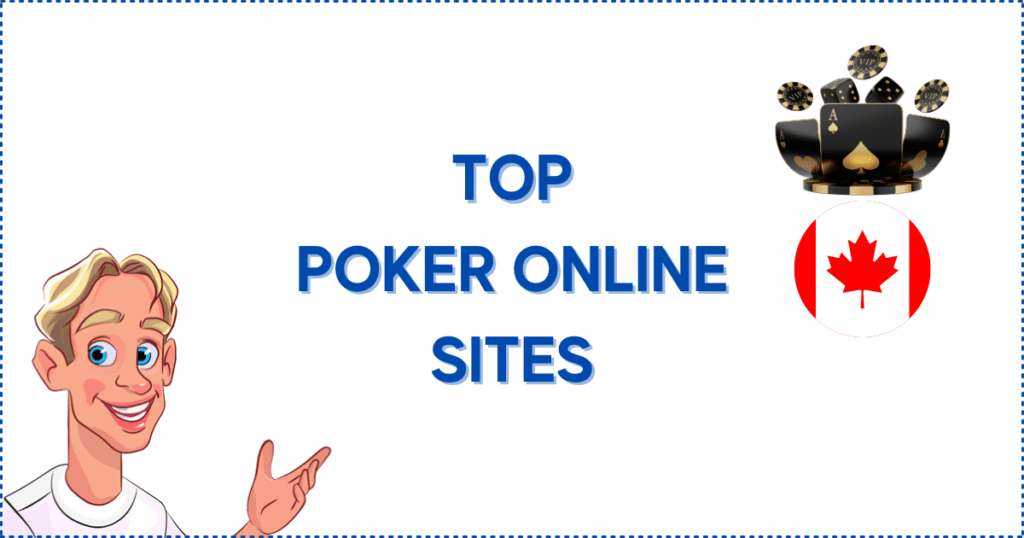 Image for the Top Canadian Poker Online Sites section. It shows the Casinoclaw mascot, a Canadian flag, casino chips, and cards.