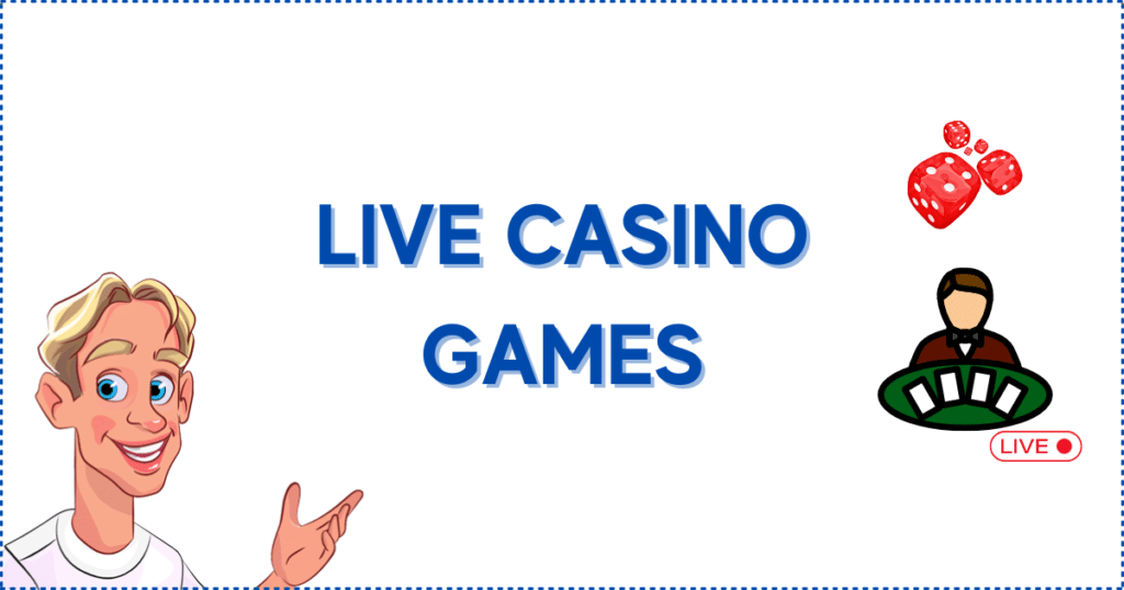 Image for the section Ezugi Live Casino Games. It shows the Casinoclaw mascot, several die, a live dealer standing behind a casino table, and a 'live' logo.