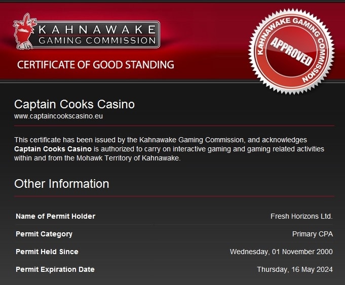 Captain Cooks Casino License