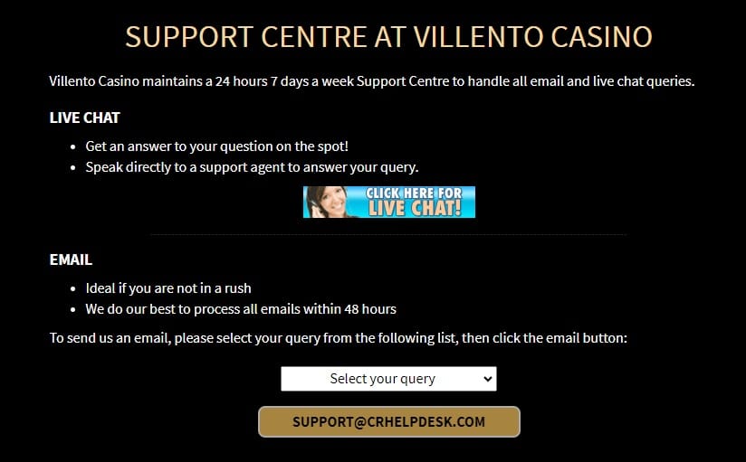 Image for the section Customer Support. It shows the support centre at Villento Casino.