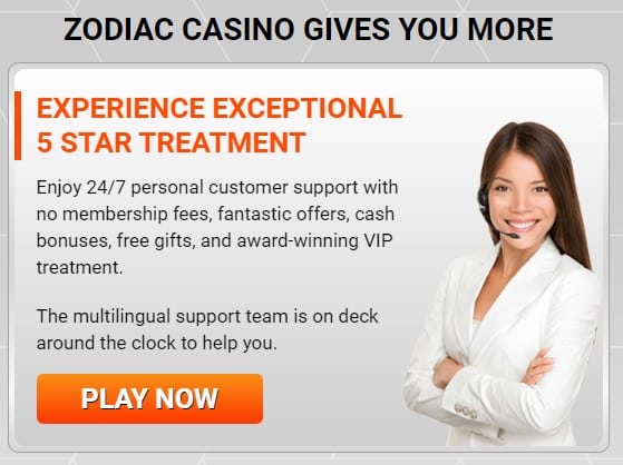 Image for the section Customer Support. It shows Zodiac Casino support rep.